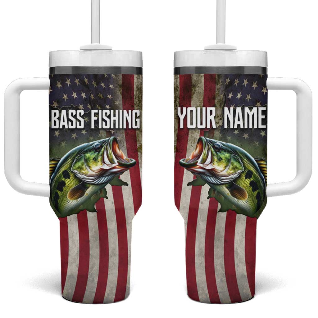 American Flag Largemouth Bass Fishing Tumbler With Handle Jumping Fish Graphic and Custom Name Design - Wonder Print Shop