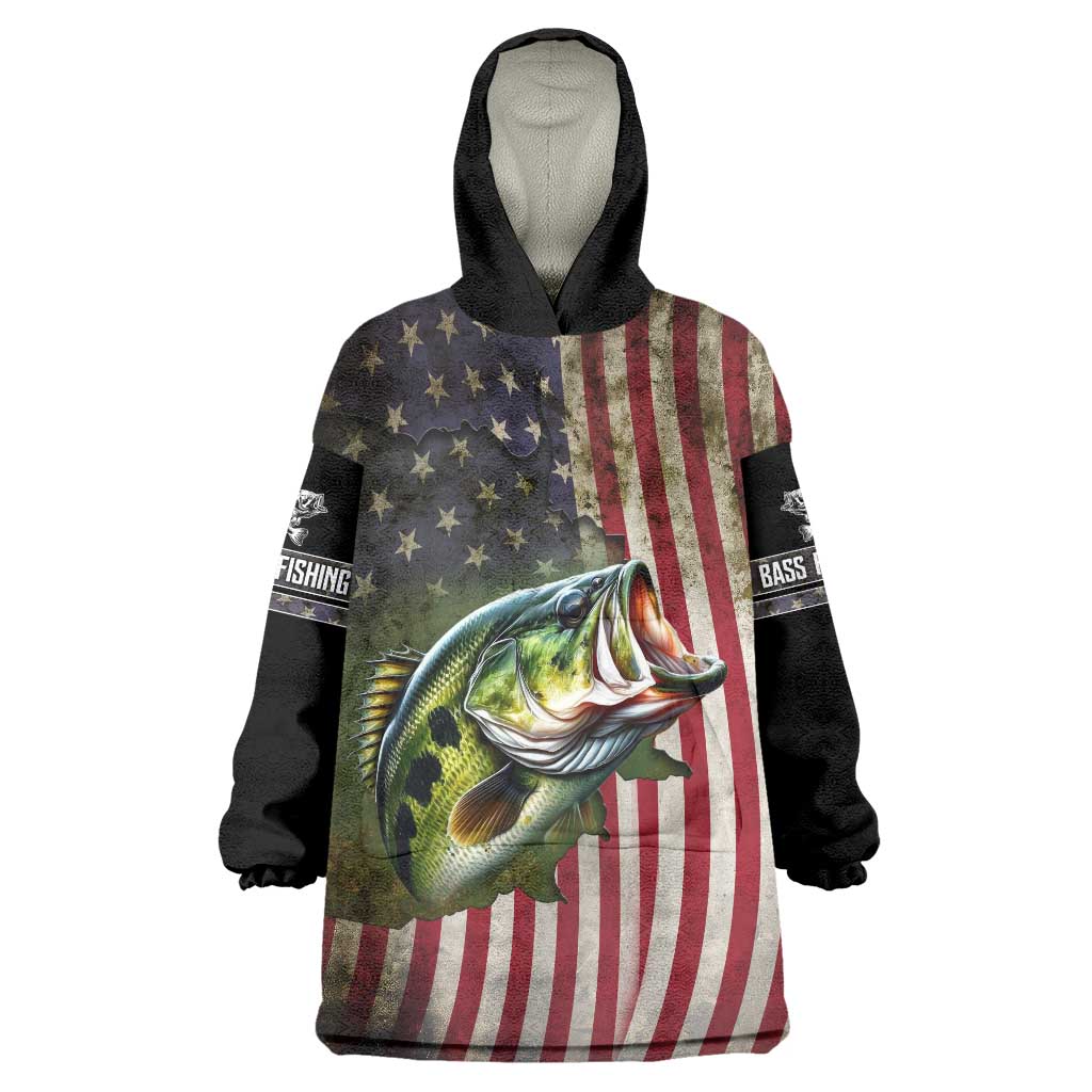 American Flag Largemouth Bass Fishing Wearable Blanket Hoodie Jumping Fish Graphic and Custom Name Design - Wonder Print Shop