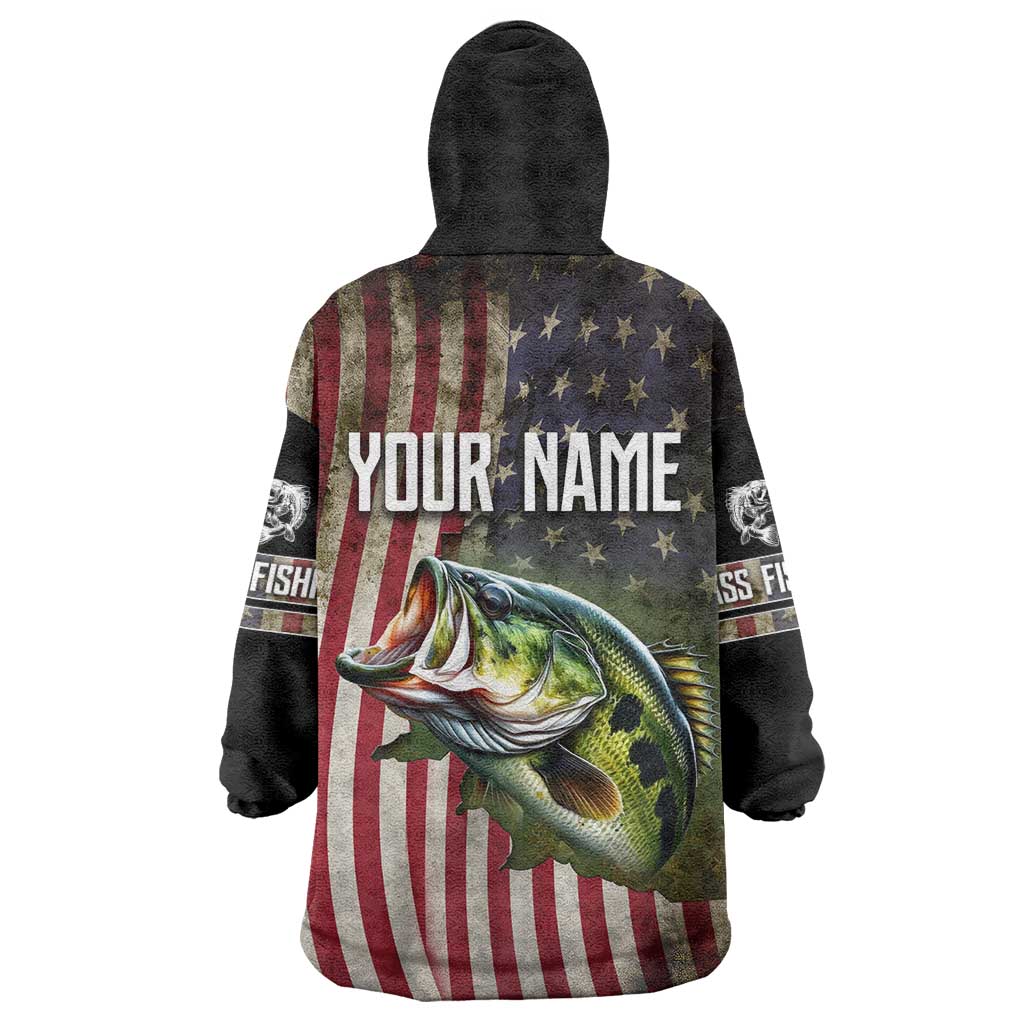 American Flag Largemouth Bass Fishing Wearable Blanket Hoodie Jumping Fish Graphic and Custom Name Design - Wonder Print Shop
