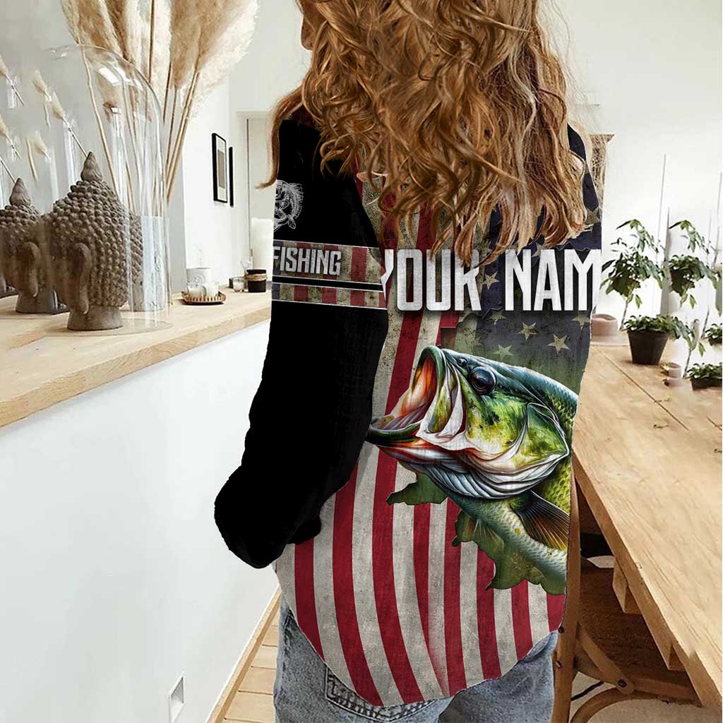 American Flag Largemouth Bass Fishing Women Casual Shirt Jumping Fish Graphic and Custom Name Design - Wonder Print Shop