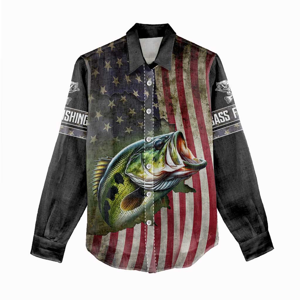 American Flag Largemouth Bass Fishing Women Casual Shirt Jumping Fish Graphic and Custom Name Design - Wonder Print Shop