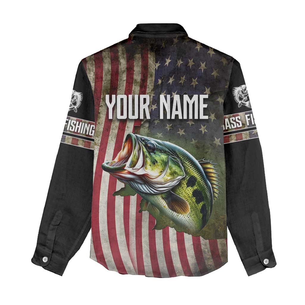 American Flag Largemouth Bass Fishing Women Casual Shirt Jumping Fish Graphic and Custom Name Design - Wonder Print Shop