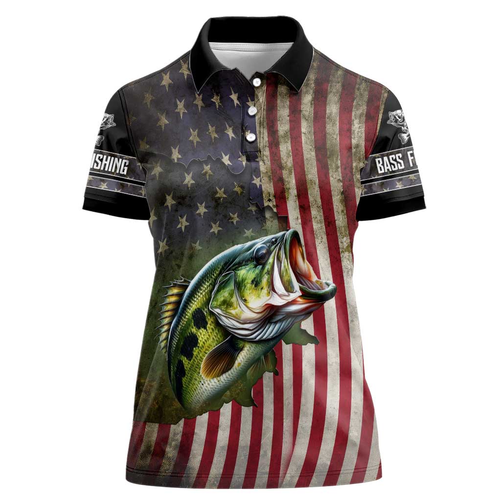 American Flag Largemouth Bass Fishing Women Polo Shirt Jumping Fish Graphic and Custom Name Design - Wonder Print Shop