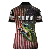 American Flag Largemouth Bass Fishing Women Polo Shirt Jumping Fish Graphic and Custom Name Design - Wonder Print Shop