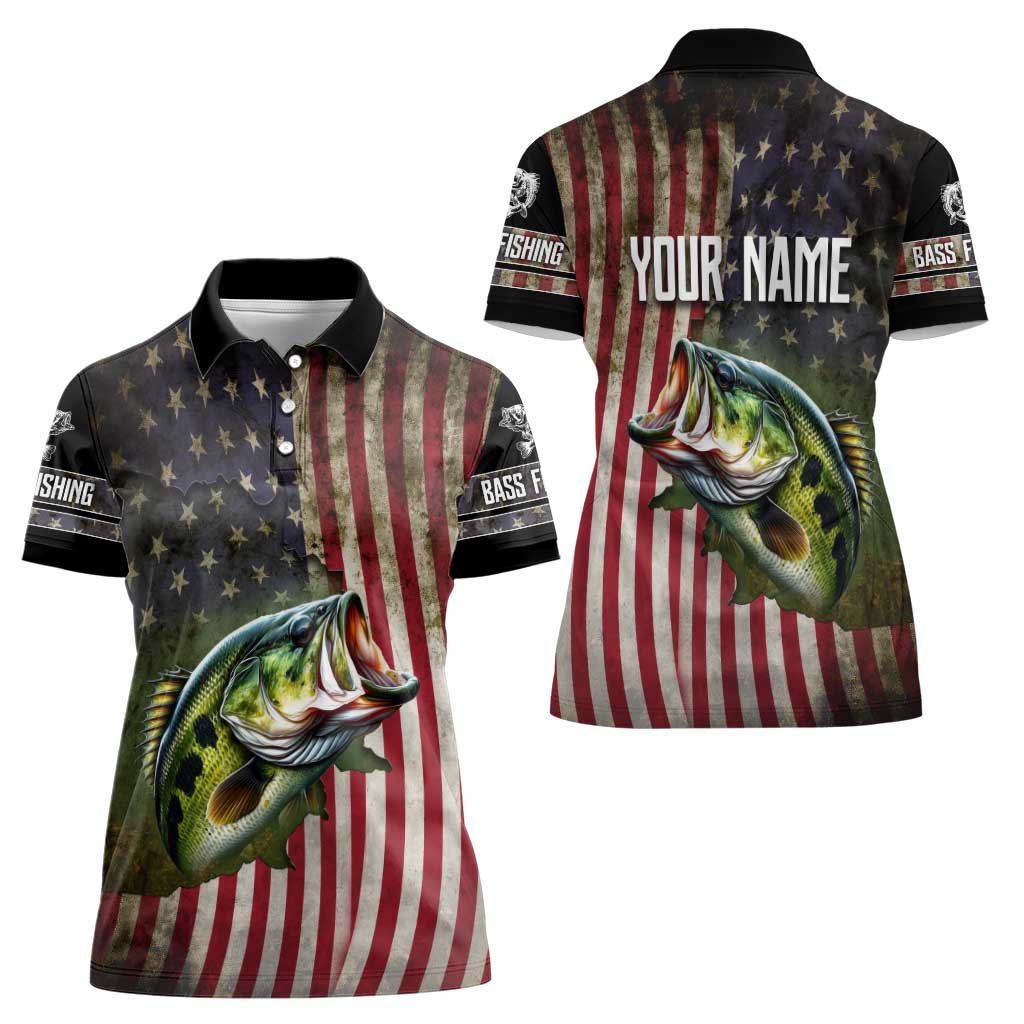 American Flag Largemouth Bass Fishing Women Polo Shirt Jumping Fish Graphic and Custom Name Design - Wonder Print Shop