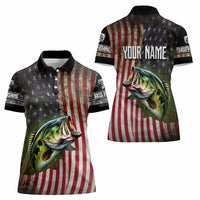 American Flag Largemouth Bass Fishing Women Polo Shirt Jumping Fish Graphic and Custom Name Design - Wonder Print Shop