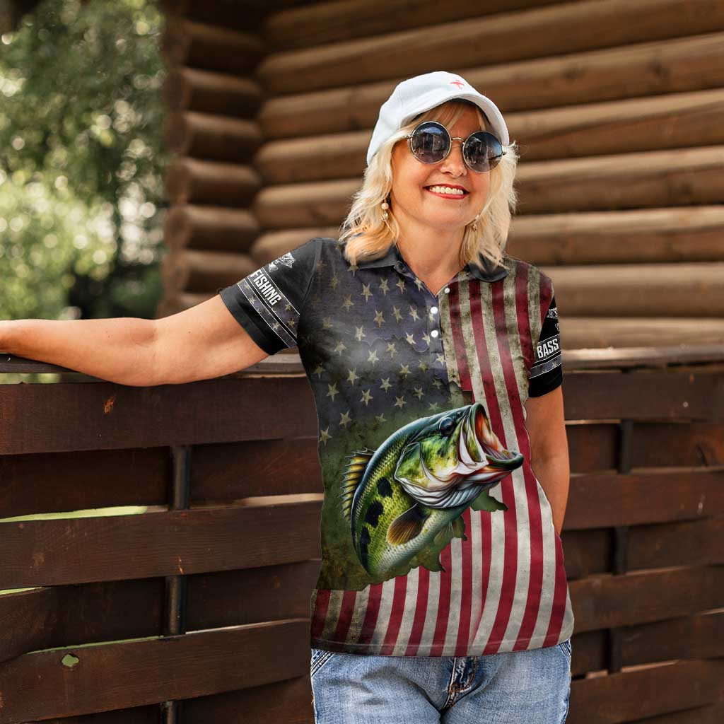 American Flag Largemouth Bass Fishing Women Polo Shirt Jumping Fish Graphic and Custom Name Design - Wonder Print Shop