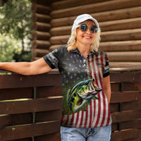 American Flag Largemouth Bass Fishing Women Polo Shirt Jumping Fish Graphic and Custom Name Design - Wonder Print Shop