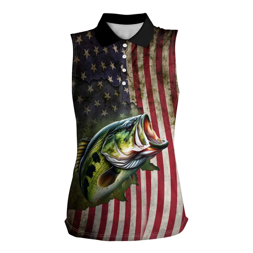 American Flag Largemouth Bass Fishing Women Sleeveless Polo Shirt Jumping Fish Graphic and Custom Name Design - Wonder Print Shop