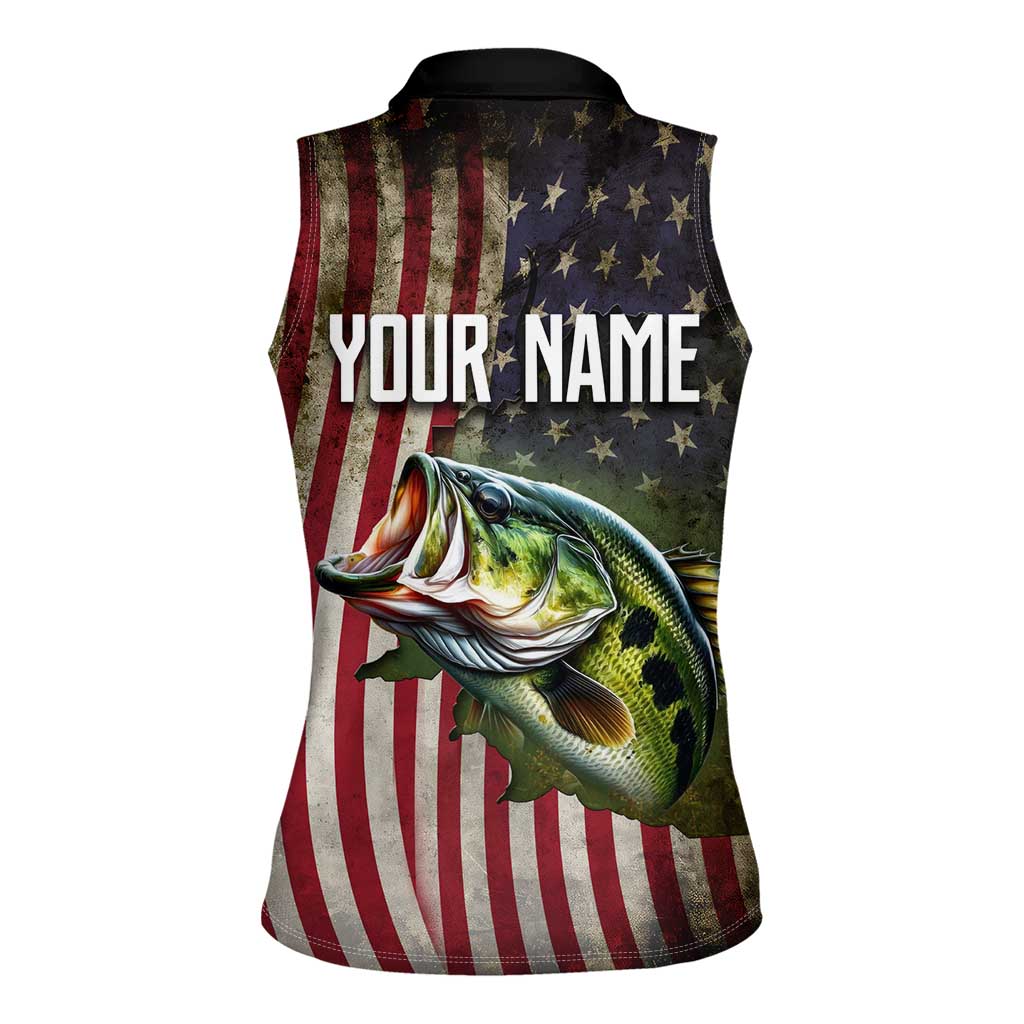 American Flag Largemouth Bass Fishing Women Sleeveless Polo Shirt Jumping Fish Graphic and Custom Name Design - Wonder Print Shop