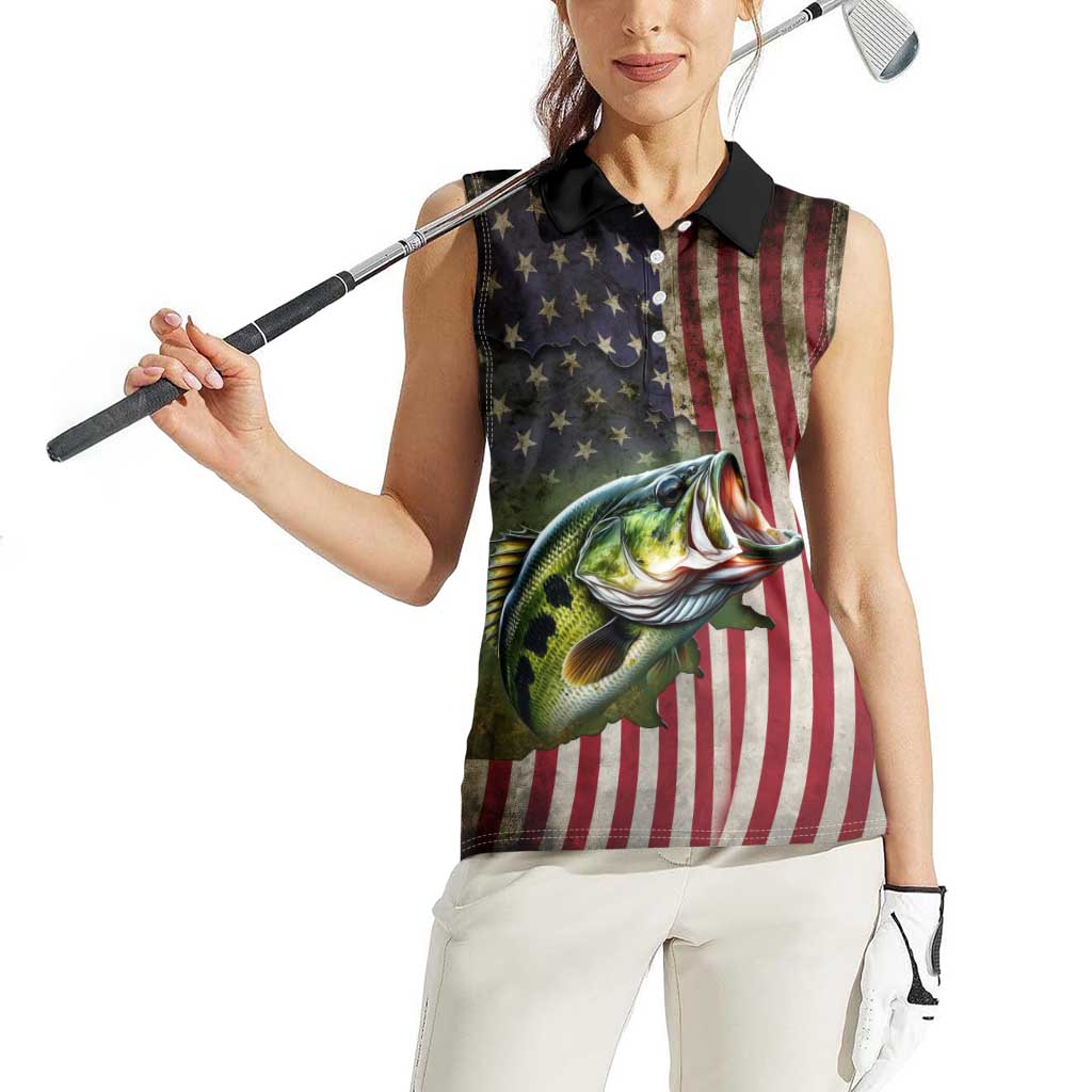 American Flag Largemouth Bass Fishing Women Sleeveless Polo Shirt Jumping Fish Graphic and Custom Name Design - Wonder Print Shop