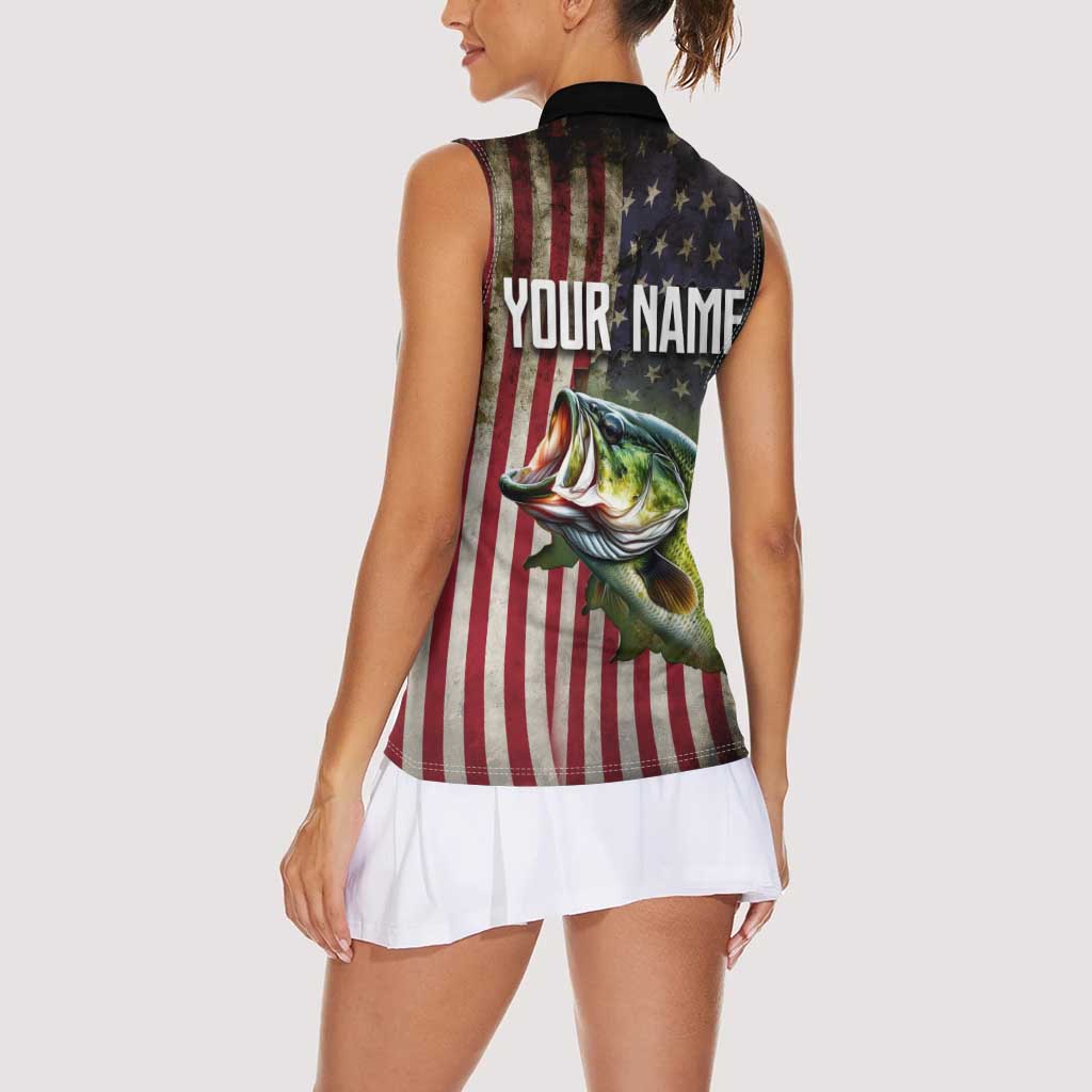 American Flag Largemouth Bass Fishing Women Sleeveless Polo Shirt Jumping Fish Graphic and Custom Name Design - Wonder Print Shop