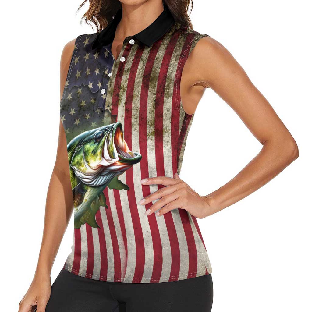 American Flag Largemouth Bass Fishing Women Sleeveless Polo Shirt Jumping Fish Graphic and Custom Name Design - Wonder Print Shop