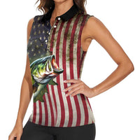 American Flag Largemouth Bass Fishing Women Sleeveless Polo Shirt Jumping Fish Graphic and Custom Name Design - Wonder Print Shop