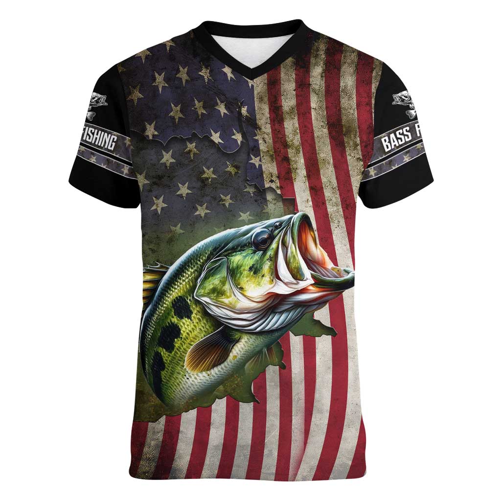 American Flag Largemouth Bass Fishing Women V-Neck T-Shirt Jumping Fish Graphic and Custom Name Design - Wonder Print Shop