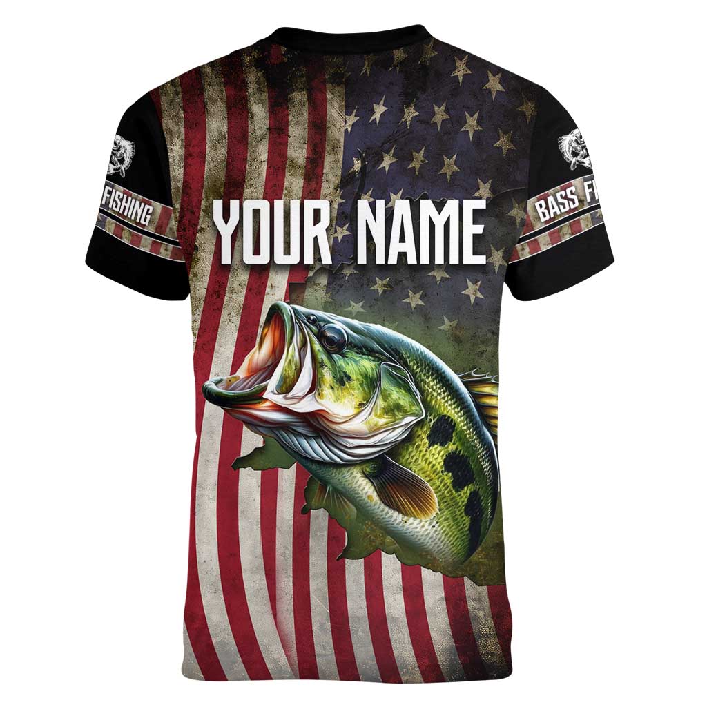 American Flag Largemouth Bass Fishing Women V-Neck T-Shirt Jumping Fish Graphic and Custom Name Design - Wonder Print Shop
