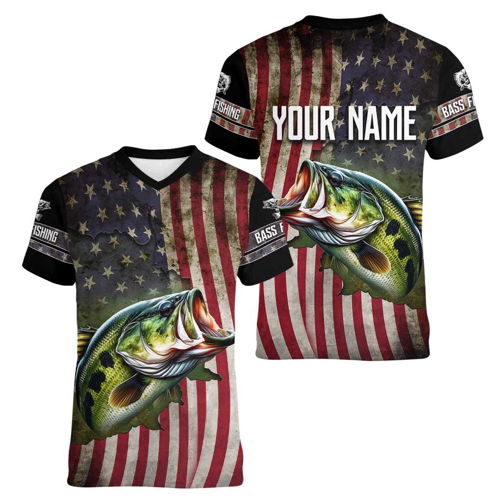 American Flag Largemouth Bass Fishing Women V-Neck T-Shirt Jumping Fish Graphic and Custom Name Design - Wonder Print Shop