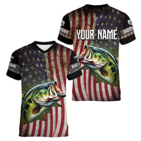 American Flag Largemouth Bass Fishing Women V-Neck T-Shirt Jumping Fish Graphic and Custom Name Design - Wonder Print Shop