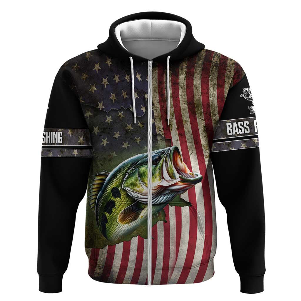 American Flag Largemouth Bass Fishing Zip Hoodie Jumping Fish Graphic and Custom Name Design - Wonder Print Shop