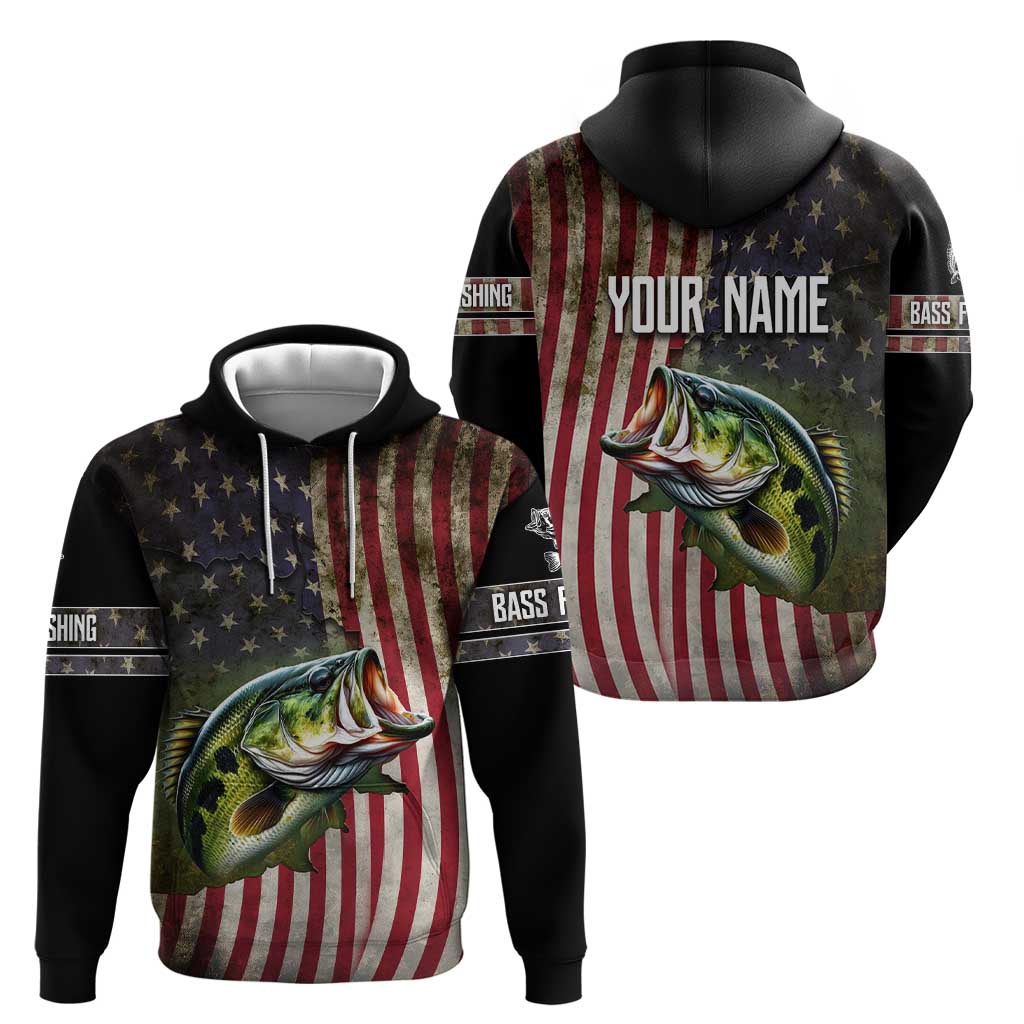 American Flag Largemouth Bass Fishing Zip Hoodie Jumping Fish Graphic and Custom Name Design - Wonder Print Shop