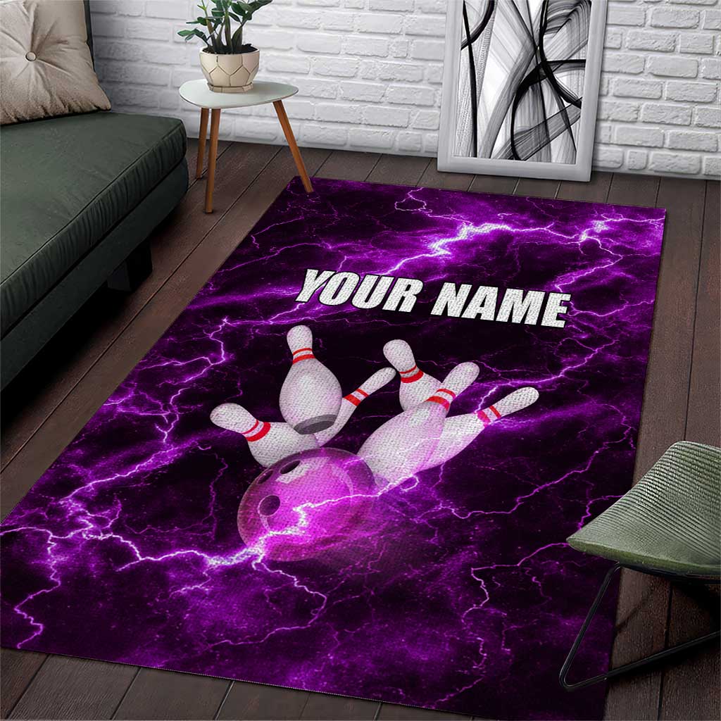 Bowling Ball and Pins Area Rug Purple Lightning Background and Custom Name Design - Wonder Print Shop