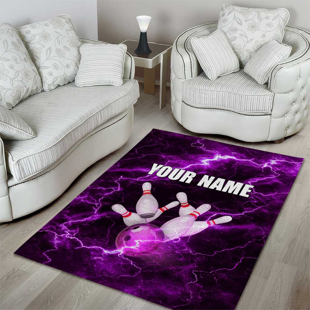 Bowling Ball and Pins Area Rug Purple Lightning Background and Custom Name Design - Wonder Print Shop