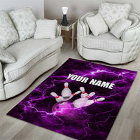 Bowling Ball and Pins Area Rug Purple Lightning Background and Custom Name Design - Wonder Print Shop
