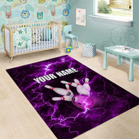 Bowling Ball and Pins Area Rug Purple Lightning Background and Custom Name Design - Wonder Print Shop