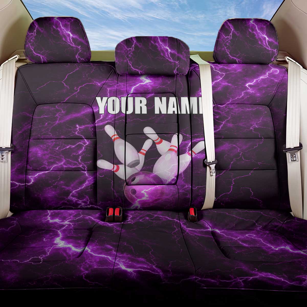 Bowling Ball and Pins Back Car Seat Cover Purple Lightning Background and Custom Name Design - Wonder Print Shop
