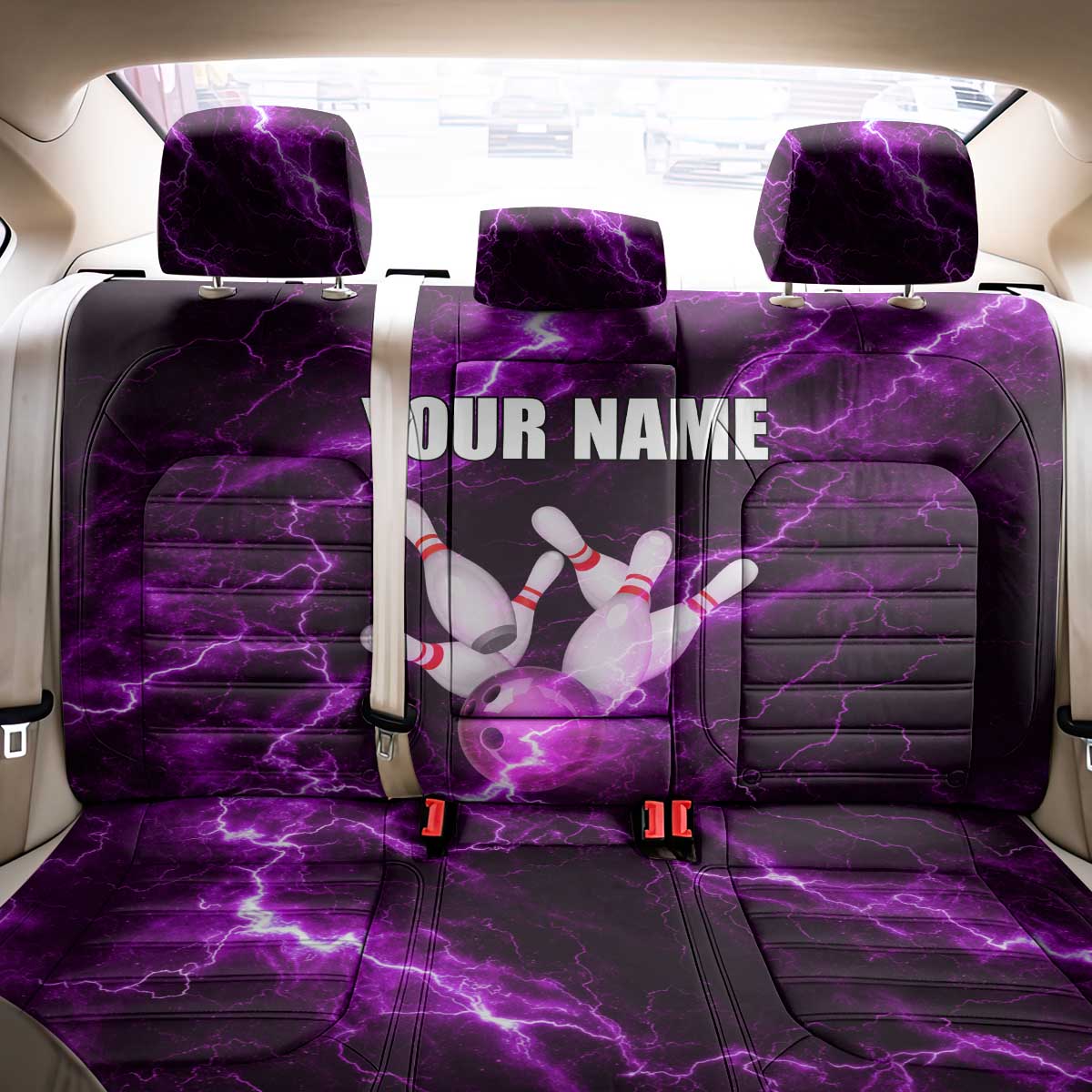 Bowling Ball and Pins Back Car Seat Cover Purple Lightning Background and Custom Name Design - Wonder Print Shop