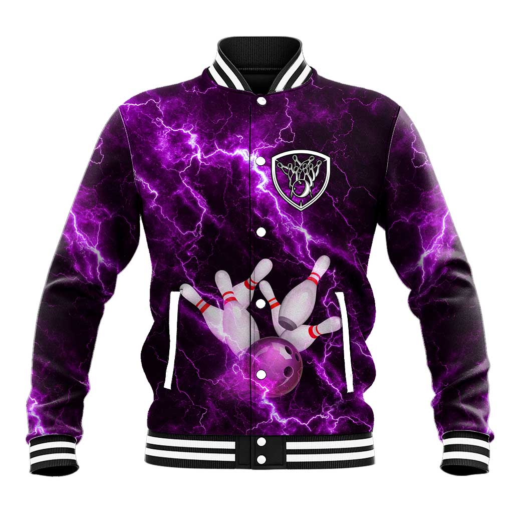 Bowling Ball and Pins Baseball Jacket Purple Lightning Background and Custom Name Design - Wonder Print Shop