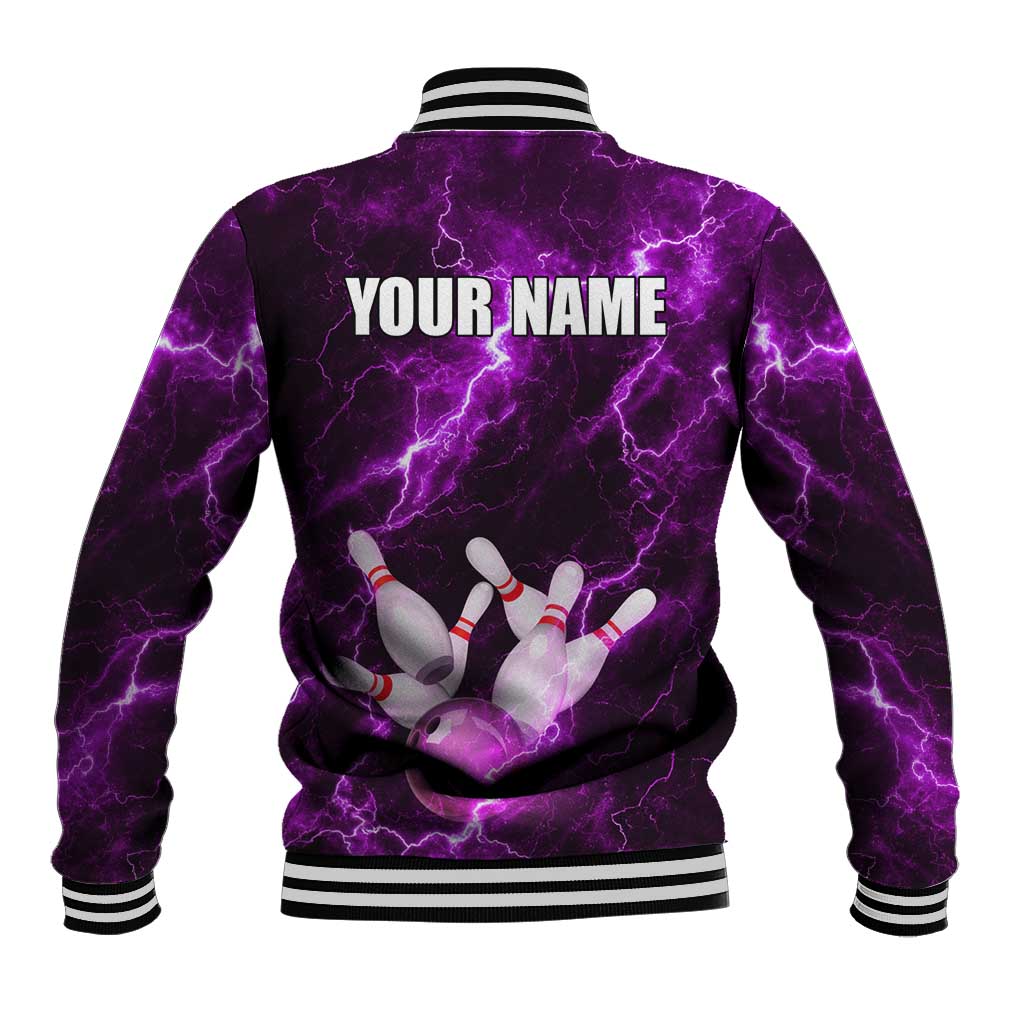 Bowling Ball and Pins Baseball Jacket Purple Lightning Background and Custom Name Design - Wonder Print Shop