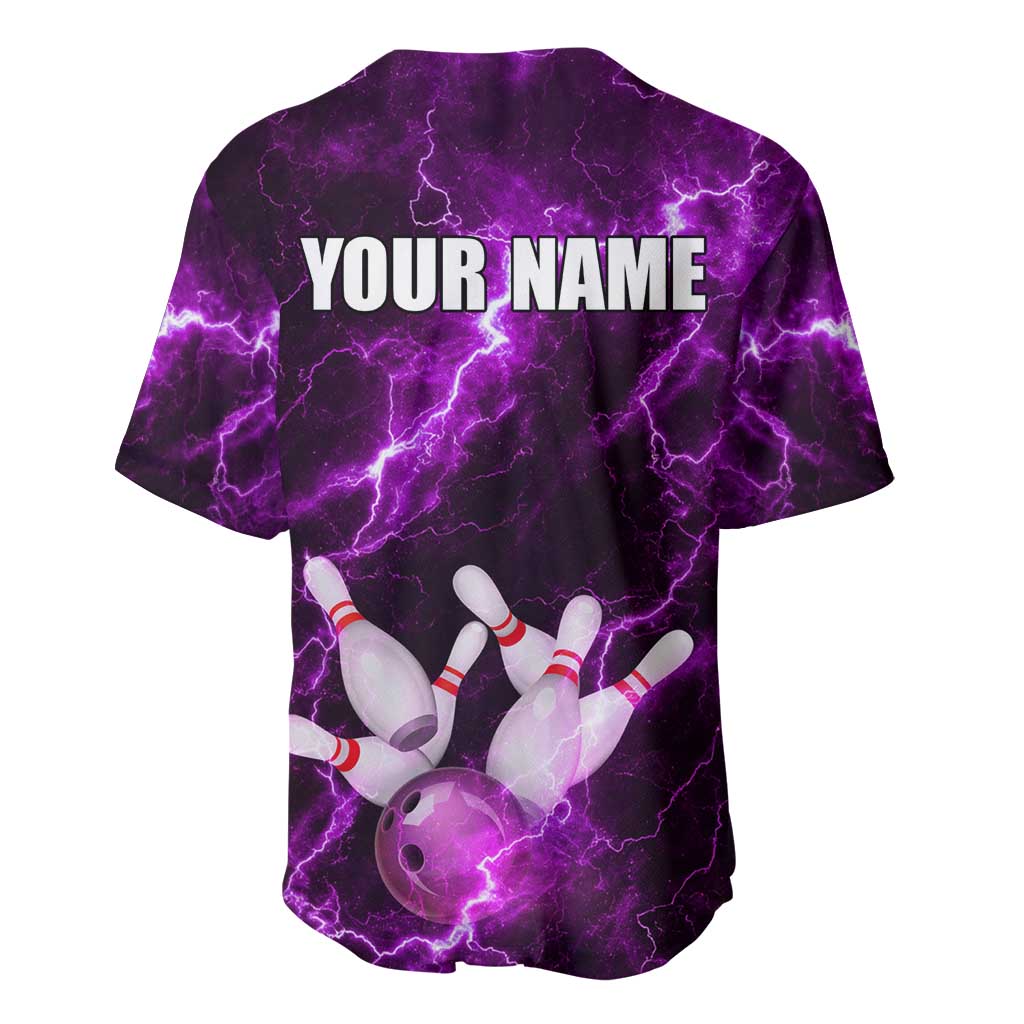 Bowling Ball and Pins Baseball Jersey Purple Lightning Background and Custom Name Design - Wonder Print Shop
