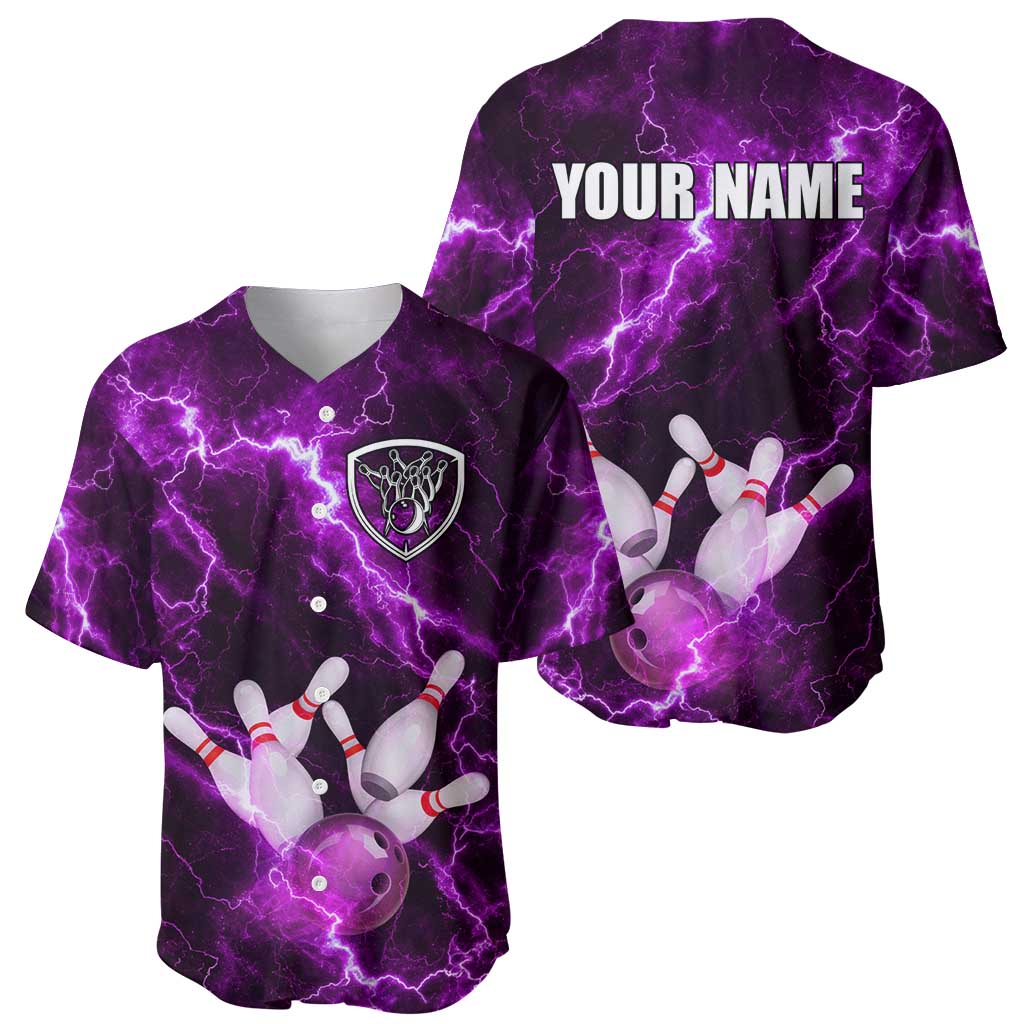 Bowling Ball and Pins Baseball Jersey Purple Lightning Background and Custom Name Design - Wonder Print Shop