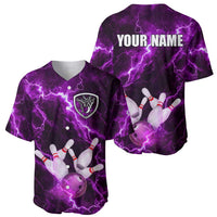 Bowling Ball and Pins Baseball Jersey Purple Lightning Background and Custom Name Design - Wonder Print Shop