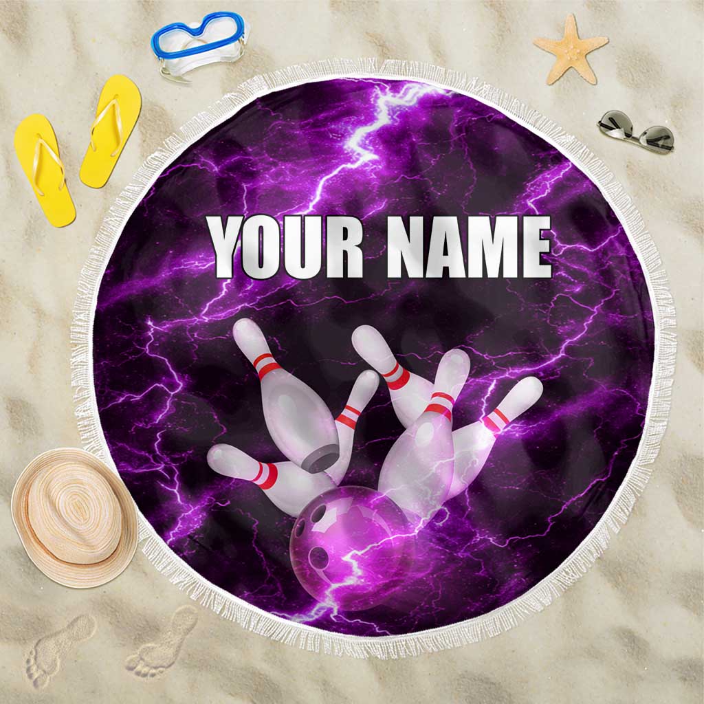 Bowling Ball and Pins Beach Blanket Purple Lightning Background and Custom Name Design - Wonder Print Shop