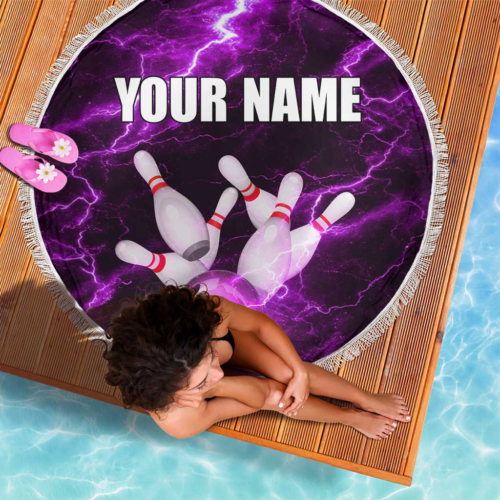 Bowling Ball and Pins Beach Blanket Purple Lightning Background and Custom Name Design - Wonder Print Shop