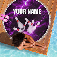 Bowling Ball and Pins Beach Blanket Purple Lightning Background and Custom Name Design - Wonder Print Shop