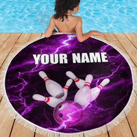 Bowling Ball and Pins Beach Blanket Purple Lightning Background and Custom Name Design - Wonder Print Shop