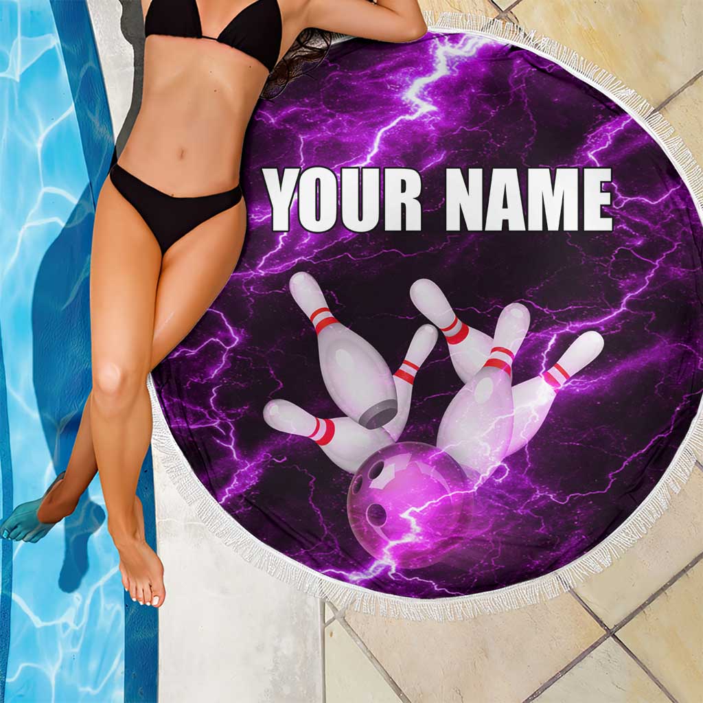Bowling Ball and Pins Beach Blanket Purple Lightning Background and Custom Name Design - Wonder Print Shop