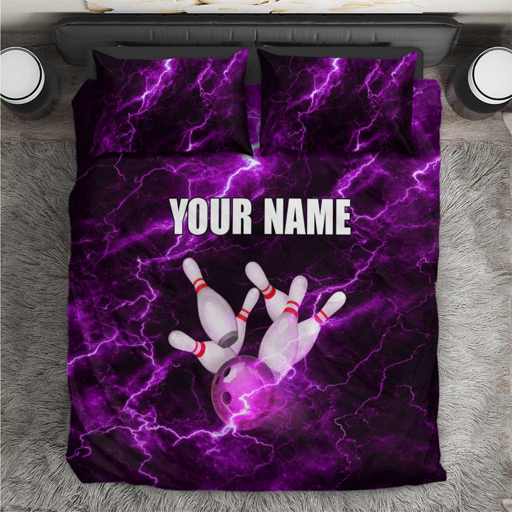 Bowling Ball and Pins Bedding Set Purple Lightning Background and Custom Name Design - Wonder Print Shop