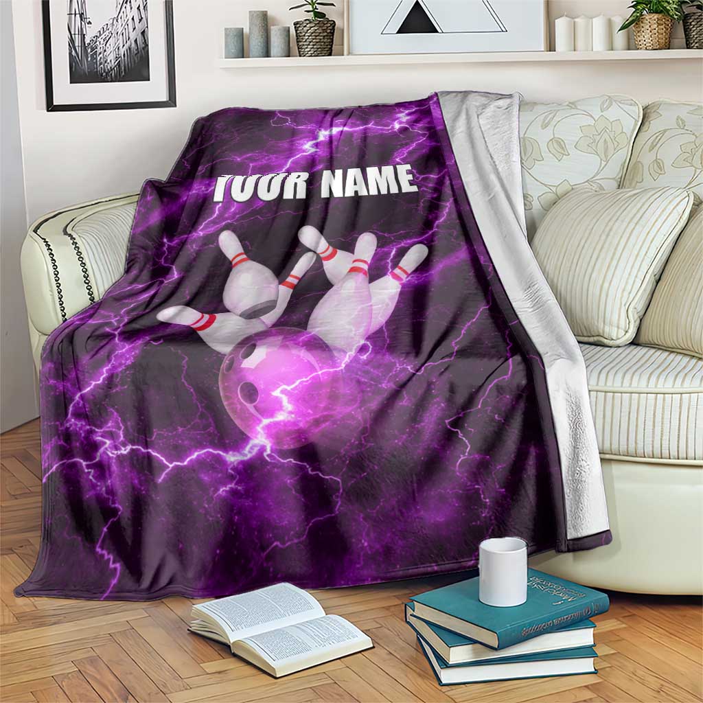 Bowling Ball and Pins Blanket Purple Lightning Background and Custom Name Design - Wonder Print Shop