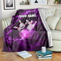 Bowling Ball and Pins Blanket Purple Lightning Background and Custom Name Design - Wonder Print Shop