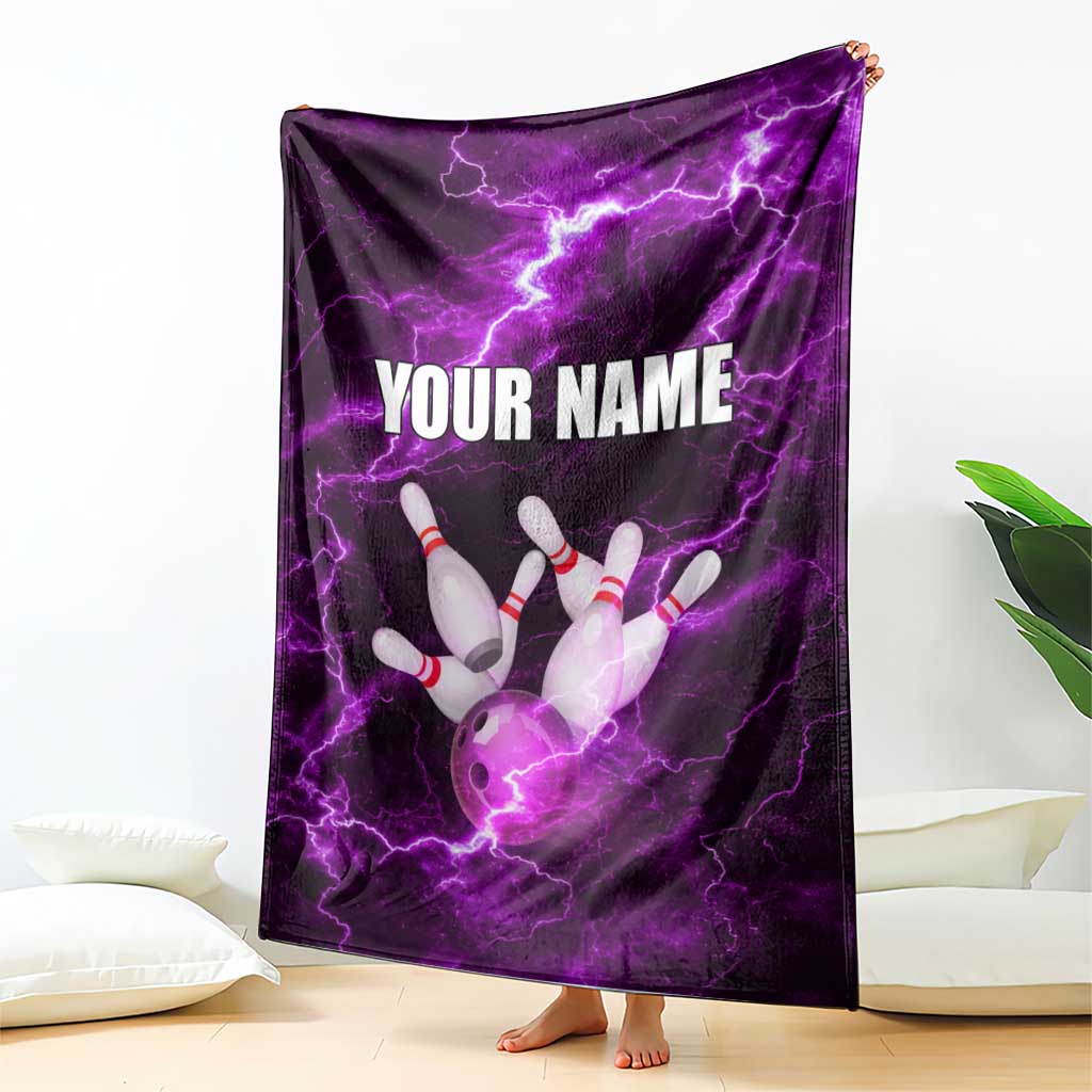 Bowling Ball and Pins Blanket Purple Lightning Background and Custom Name Design - Wonder Print Shop