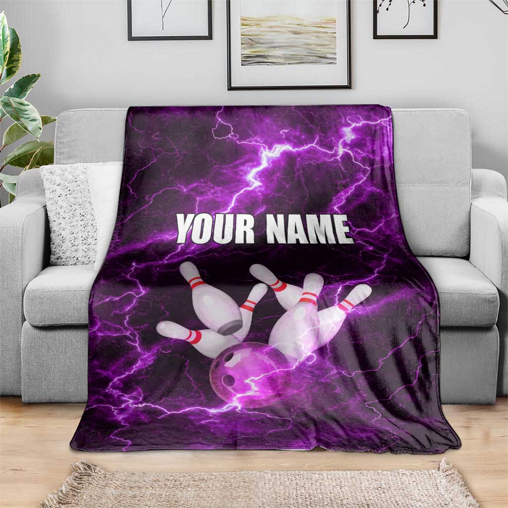 Bowling Ball and Pins Blanket Purple Lightning Background and Custom Name Design - Wonder Print Shop