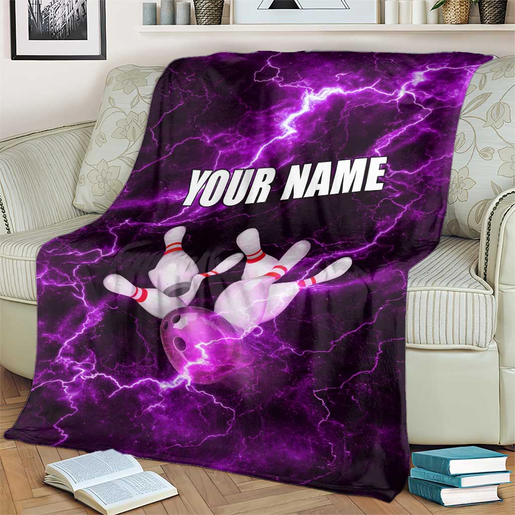 Bowling Ball and Pins Blanket Purple Lightning Background and Custom Name Design - Wonder Print Shop