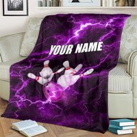Bowling Ball and Pins Blanket Purple Lightning Background and Custom Name Design - Wonder Print Shop