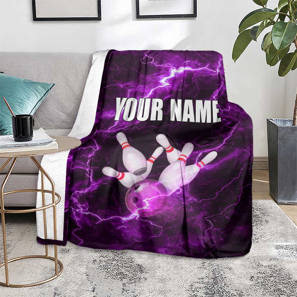 Bowling Ball and Pins Blanket Purple Lightning Background and Custom Name Design - Wonder Print Shop