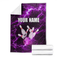 Bowling Ball and Pins Blanket Purple Lightning Background and Custom Name Design - Wonder Print Shop