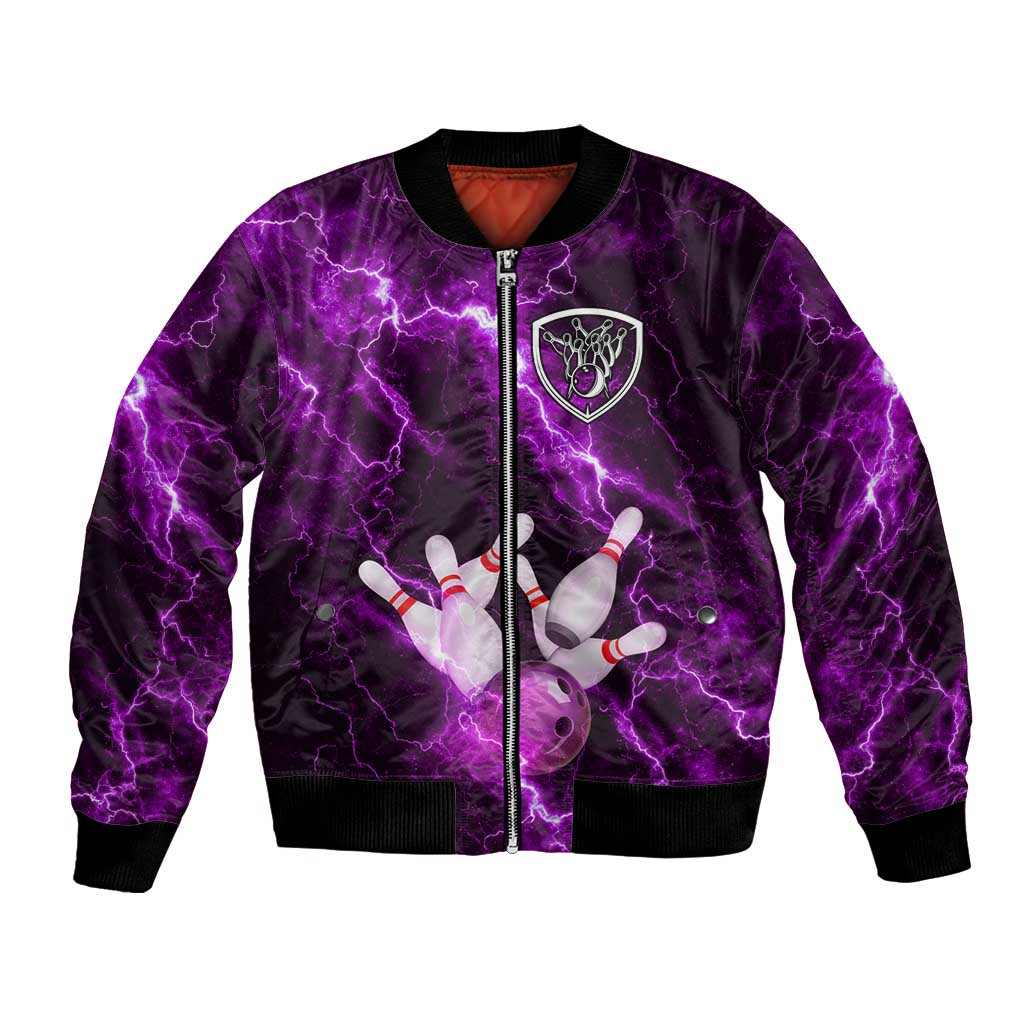 Bowling Ball and Pins Bomber Jacket Purple Lightning Background and Custom Name Design - Wonder Print Shop